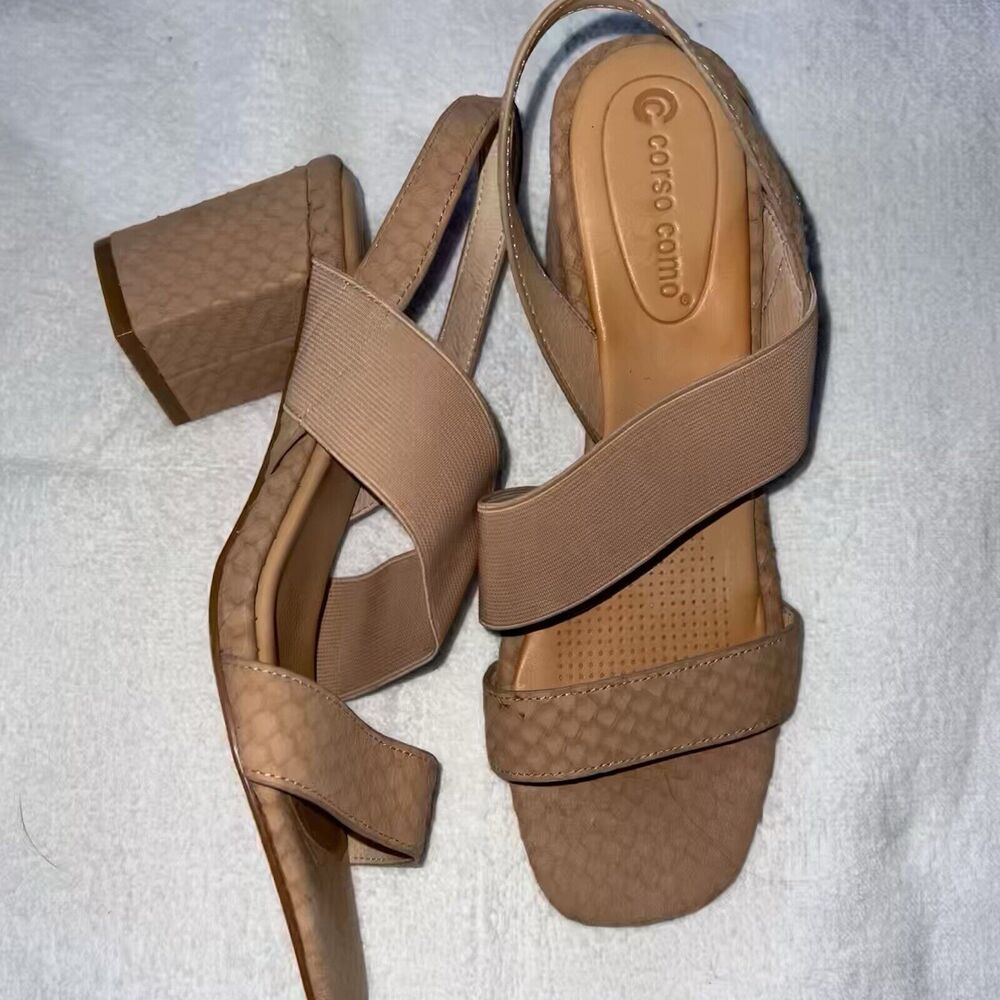 Lknw Corso Como Hally2 Women's Block Heeled Sandals Elastic Strap Tan Size 9 M